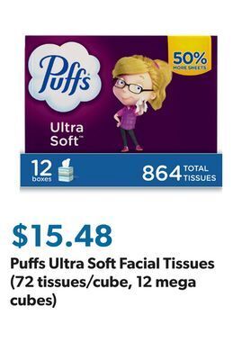 Sam's Club Puffs ultra soft facial tissues (72 tissues/cube, 12 mega cubes) offer