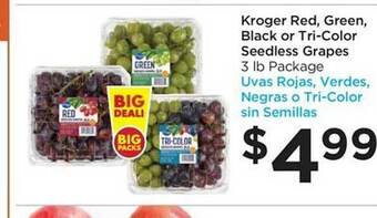 Food 4 Less Kroger red, green, black or tri-color seedless grapes offer