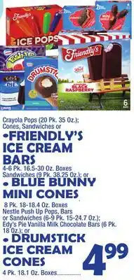 Bravo Supermarkets Friendly's ice cream bars 4-6 pk. 16.5-30 oz. boxes, blue bunny mini cones. 8 pk. 18-18.4 oz. boxes, drumstick ice cream cone offer