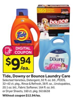 Stop&Shop Tide, downy or bounce laundry care offer