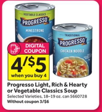 Stop&Shop Progresso light, rich & hearty or vegetable classics soup offer