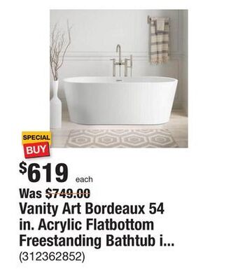 The Home Depot Vanity art bordeaux 54 in. acrylic flatbottom freestanding bathtub in white offer