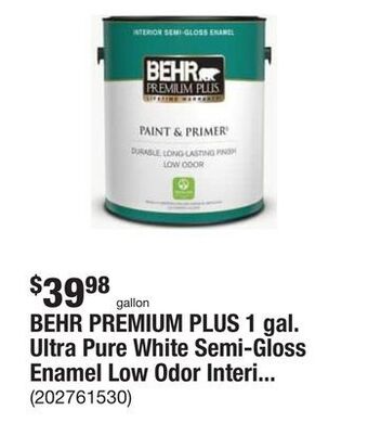 The Home Depot Behr premium plus 1 gal. ultra pure white semi-gloss enamel low odor interior paint & primer offer
