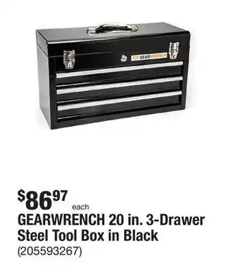 The Home Depot Gearwrench 20 in. 3-drawer steel tool box in black offer