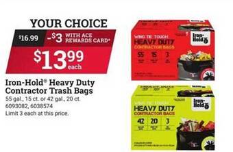 Ace Hardware Iron-hold heavy duty contractor trash bags offer