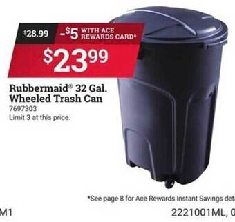 Ace Hardware Rubbermaid 32 gal. wheeled trash can offer