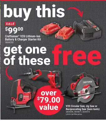 Ace Hardware Craftsman v20 lithium-ion battery & charger starter kit, v20 circular saw, jig saw or reciprocating saw offer