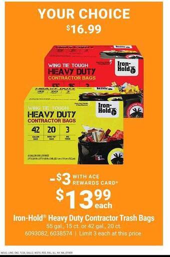 Ace Hardware Iron-hold heavy duty contractor trash bags offer