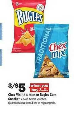 Meijer Chex mix or bugles corn snacks offer
