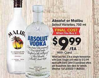 Ralphs Absolut or malibu offer