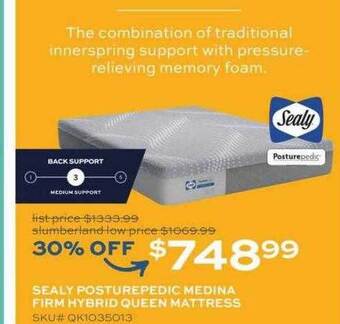 Slumberland Furniture Sealy posturepedic medina firm hybrid queen mattress offer