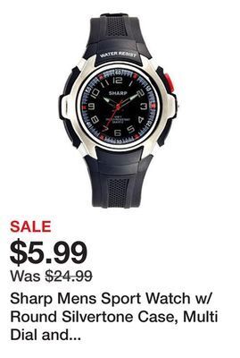 Kmart Sharp mens sport watch w/round silvertone case, multi dial and black resin band offer