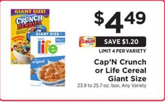 ShopRite Cap 'n crunch or life cereal giant size offer