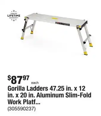 The Home Depot Gorilla ladders 47.25 in. x 12 in. x 20 in. aluminum slim-fold work platform, 300 lbs. load capacity offer