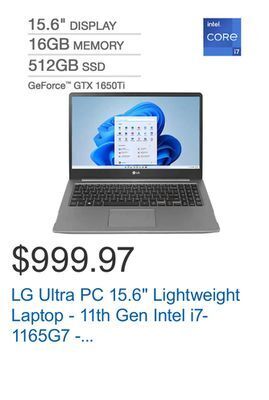 Costco Lg ultra pc 15.6" lightweight laptop - 11th gen intel i7-1165g7 - geforce gtx 1650ti - windows 11 offer