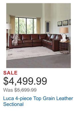 Costco Luca 4-piece top grain leather sectional offer
