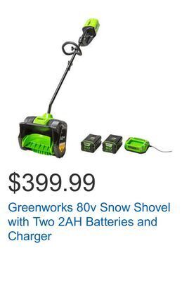 Costco Greenworks 80v snow shovel with two 2ah batteries and charger offer