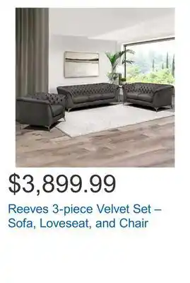Costco Reeves 3-piece velvet set – sofa, loveseat, and chair offer