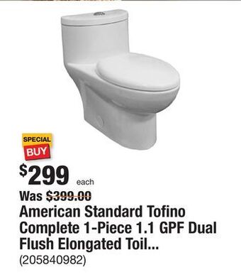 The Home Depot American standard tofino complete 1-piece 1.1 gpf dual flush elongated toilet in white with slow close seat offer