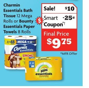 Family Dollar Charmin essentials bath tissue 12 mega rolls or bounty essentials paper towels 8 rolls offer