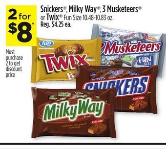 Dollar General Snickers®, milky way®, 3 musketeers® or twix® fun size offer