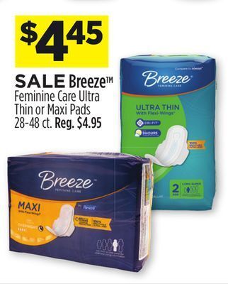 Dollar General Breeze feminine care ultra thin or maxi pads offer