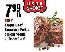 Big Y Angus beef boneless petite sirloin steak offer
