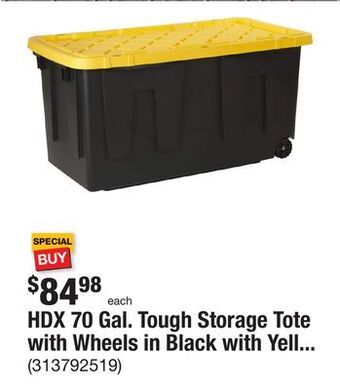 The Home Depot Hdx 70 gal. tough storage tote with wheels in black with yellow lid offer