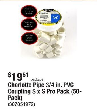 The Home Depot Charlotte pipe 3/4 in. pvc coupling s x s pro pack (50-pack) offer