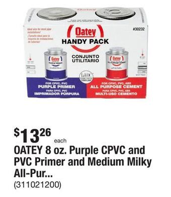 The Home Depot Oatey 8 oz. purple cpvc and pvc primer and medium milky all-purpose abs, cpvc, pvc cement combo pack offer