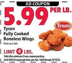 Festival Foods Tyson fully cooked boneless wings offer