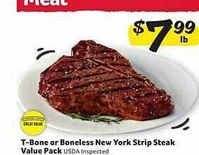 Winn Dixie T-bone or boneless new york strip steak value pack offer