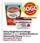Winn Dixie Daisy single serve cottage cheese or galbani ricotta or mozzarella cheese offer
