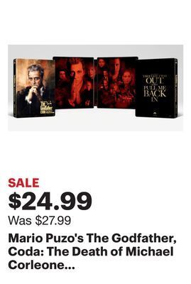 Best Buy Mario puzo's the godfather, coda: the death of michael corleone [steelbook] [includes digital copy] [1990] offer