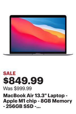 Best Buy Macbook air 13.3" laptop - apple m1 chip - 8gb memory - 256gb ssd - space gray offer