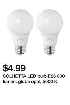 Ikea Solhetta led bulb e26 800 lumen, globe opal, 5000 k offer