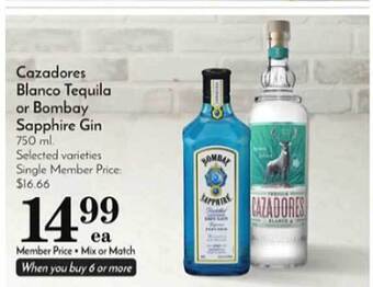 Pavilions Cazadores blanco tequila or bombay sapphire gin offer