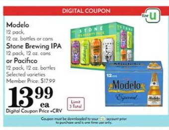 Pavilions Modelo, stone brewing ipa or pacifico offer