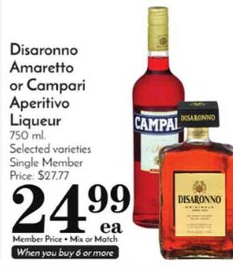 Pavilions Disaronno amaretto or campari aperitivo liqueur offer