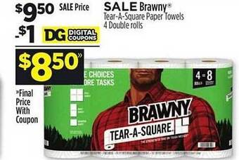 Dollar General Brawny tear-a-square paper towels 4 double rolls offer