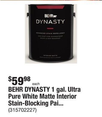 The Home Depot Behr dynasty 1 gal. ultra pure white matte interior stain-blocking paint & primer offer