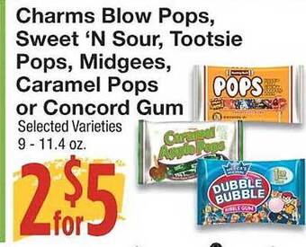 Amigos United Charms blow pops, sweet 'n sour, tootsie pops, midgees, caramel pops or concord gum offer
