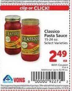 Vons Classico pasta sauce offer