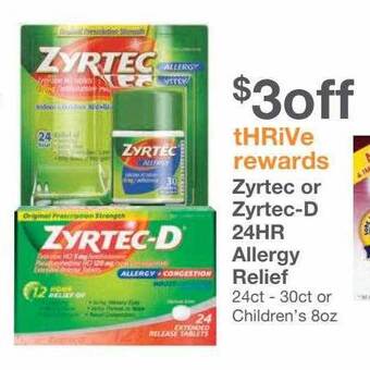 Kinney Drugs Zyrtec or zyrtec-d 24hr allergy relief offer