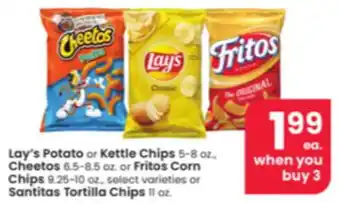 Albertsons Lay's Potato or Kettle Chips 5-8 oz. Cheetos 6.5-8.5 oz. or Fritos Corn Chips 9.25-10 oz. or Santitas Tortilla Chips 11 oz.s offer
