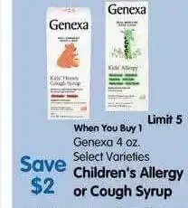 Maceys Genexa children's allergy or cough syrup offer