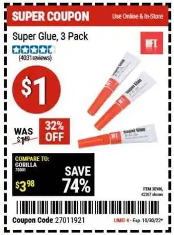 Harbor Freight Tools Hft super glue, 3 pack offer