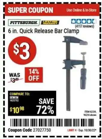 Harbor Freight Tools Pittsburgh quick release bar clamp offer