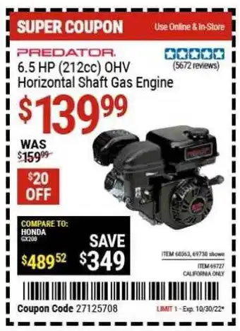 Harbor Freight Tools Predator 6.5hp ohv horizontal shaft gas engine offer