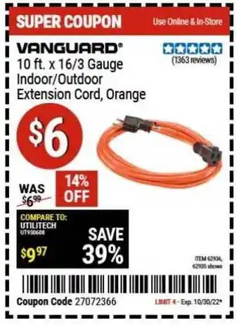 Harbor Freight Tools Vanguard gauge indoor or outdoor extension cord, orange offer